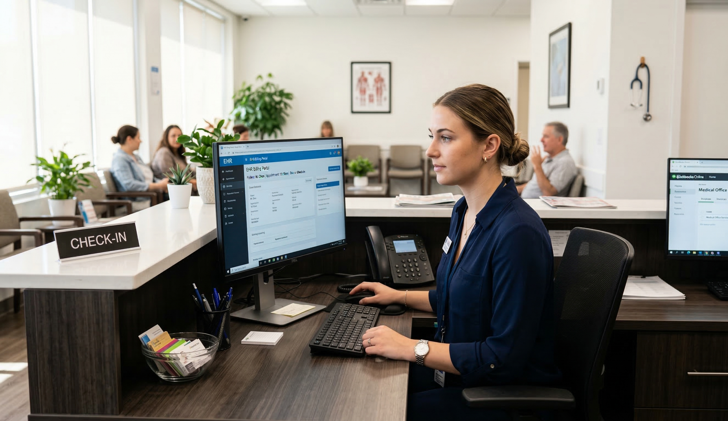 Medical biller at a medical office front desk at a computer monitor displaying an EHR billing portal.